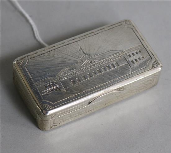 A 19th century Russian 84 zolotnik silver rectangular snuff box, assay master, B.C. 1872, 65mm.